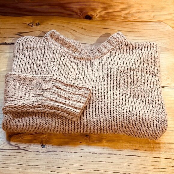 Aerie Wool Blend Oversized Sweater Pink Tan Crewneck Cozy Knit Relaxed Fit - Picture 3 of 10